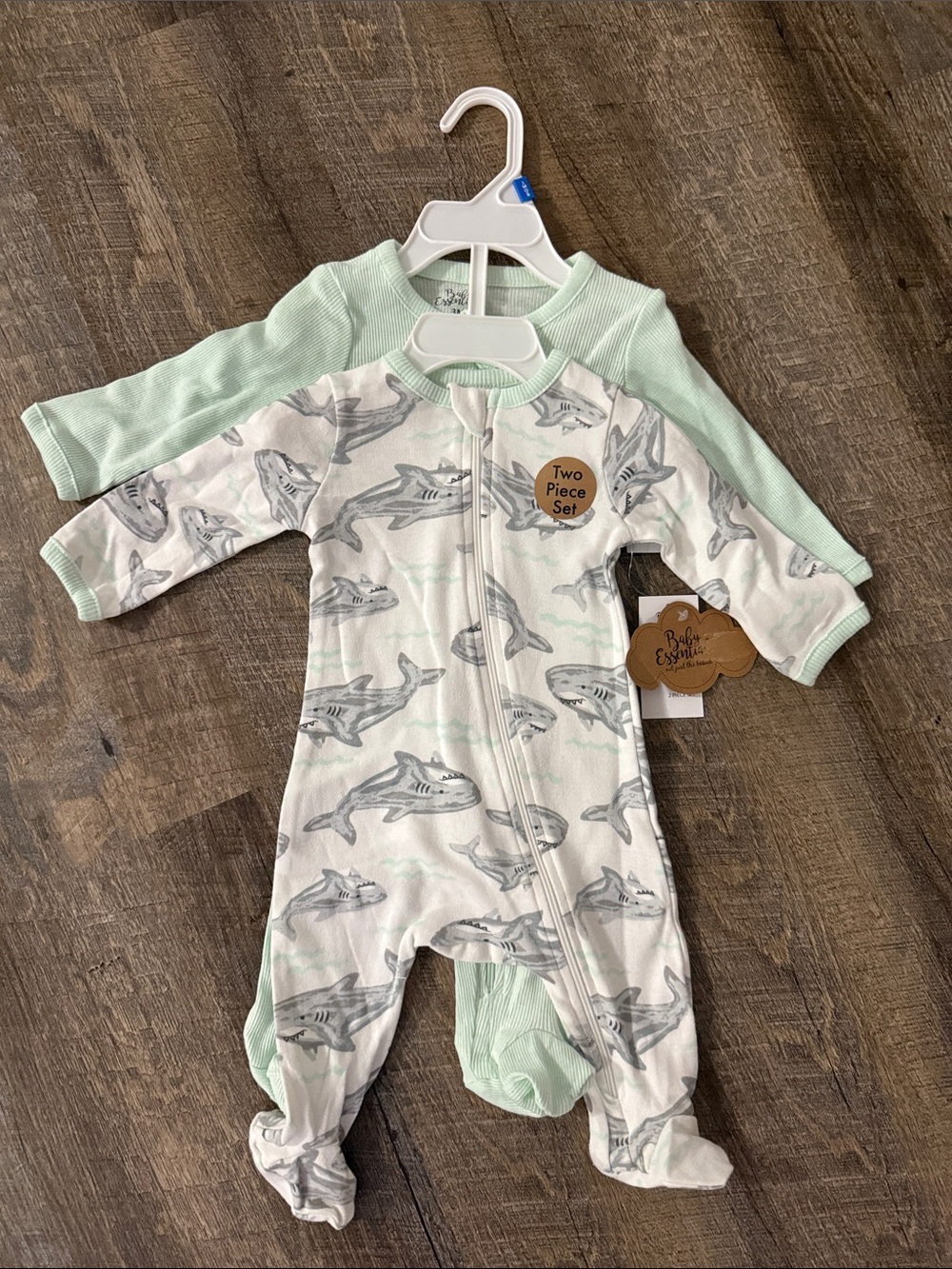 Baby Essentials Mint and White Shark Print 2-Piece Footie Set